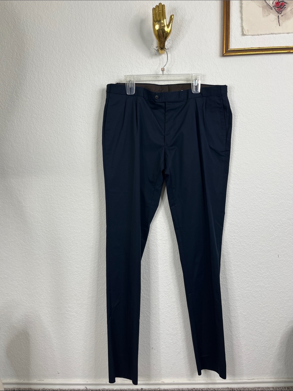 Caruso Cotton Stretch Blend Pleated Flat Front Waist Cinch Pressed Seam Trousers